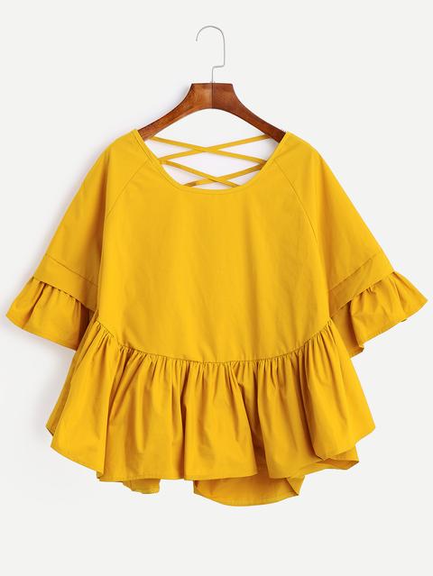 Yellow Lattice-back Ruffle Sleeve Blouse