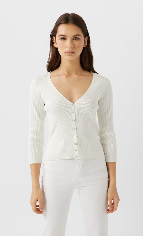 Stradivarius Cardigan Avec Manches 3/4 Femme Écru L