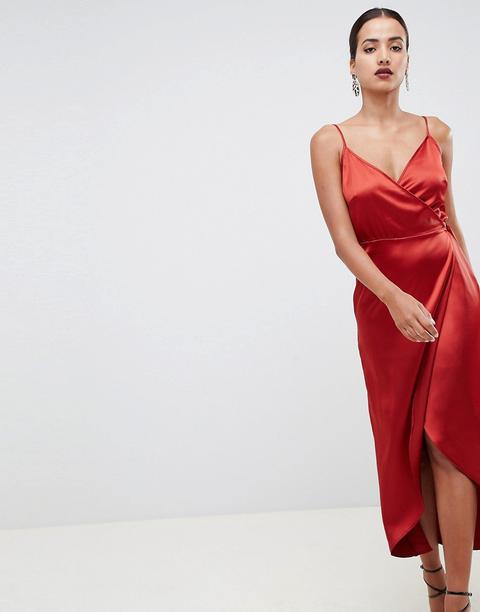 Asos Design - Vestito Lungo A Portafoglio In Raso - Marrone