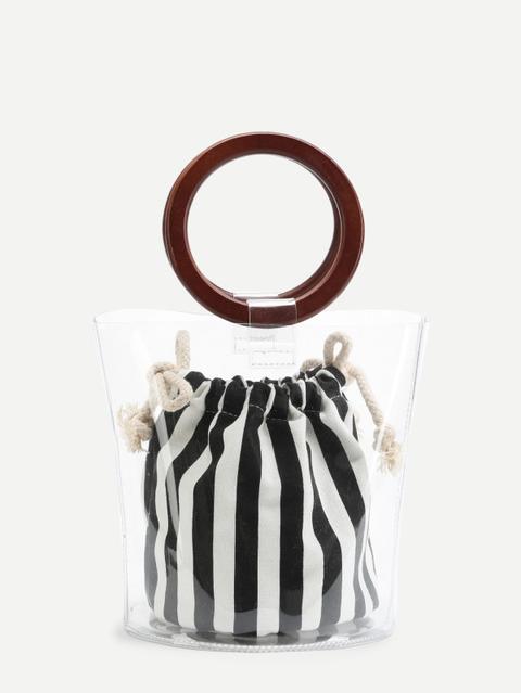 Bolsa Transparente De Rayas Con Asa De Madera