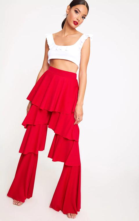 Red Tiered Frill Wide Leg Trousers, Red