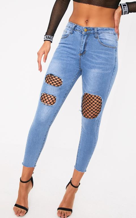 Light Wash Fishnet Distressed Skinny Jean