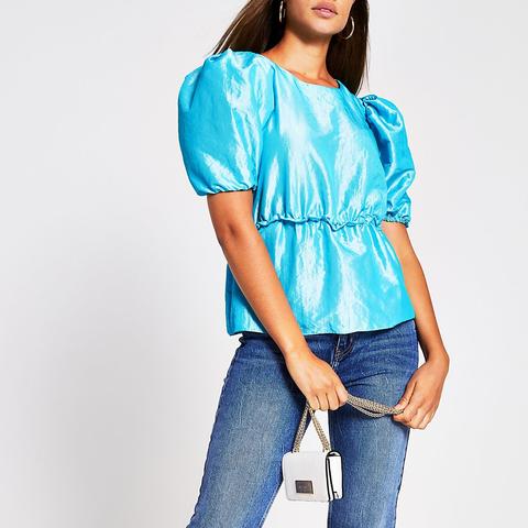 Blue Short Sleeved Taffeta Peplum Top