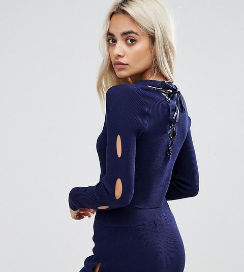 Missguided Petite - Top Corto In Maglia Con Laccetti - Navy