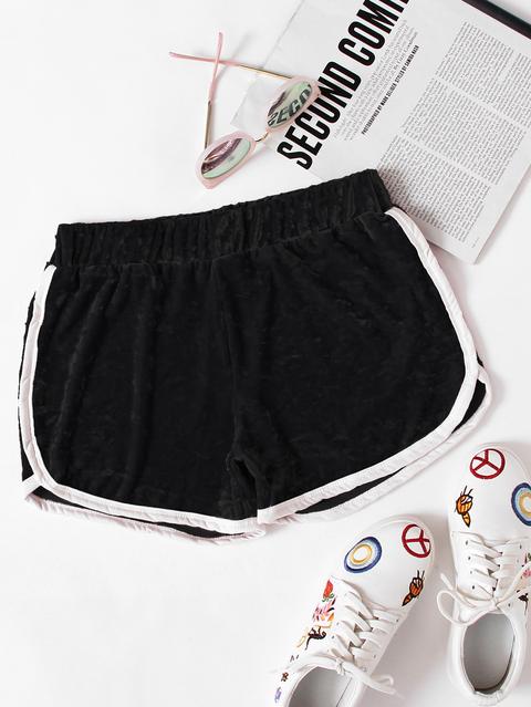 Contrast Trim Elastic Waist Velvet Shorts