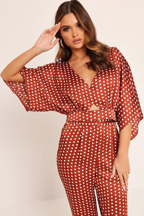 Rust Polka Dot Print Cropped Kimono Top