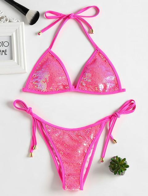 Bikini Set Con Paillette E Stringhe Black Deep Pink