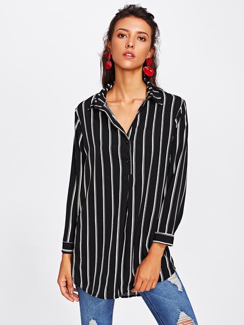 Vertical Striped Curved Hem Shirt