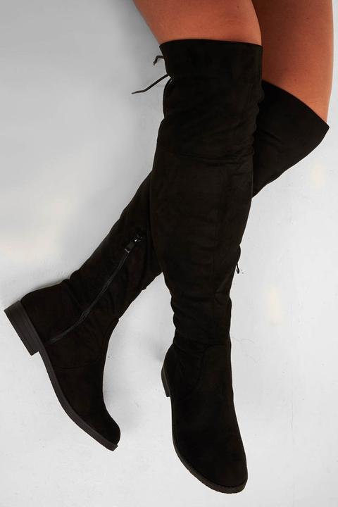 Black Faux Suede Flat Knee High Boots 