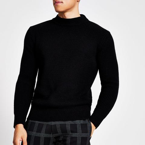 Black Slim Fit Waffle Knitted Jumper