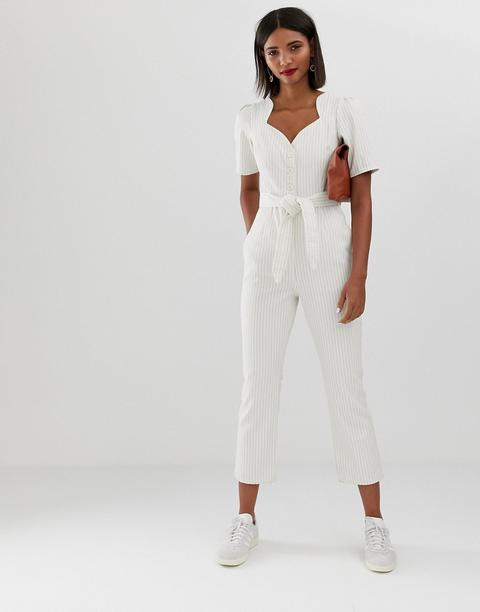 Asos Design Denim Sweetheart Neck Puff Sleeve Jumpsuit In Stripe-multi