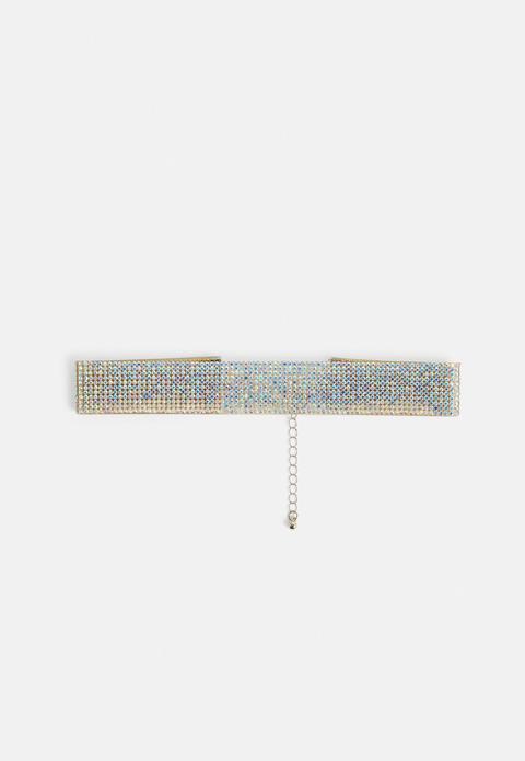 Silver Holographic Diamante Choker, White