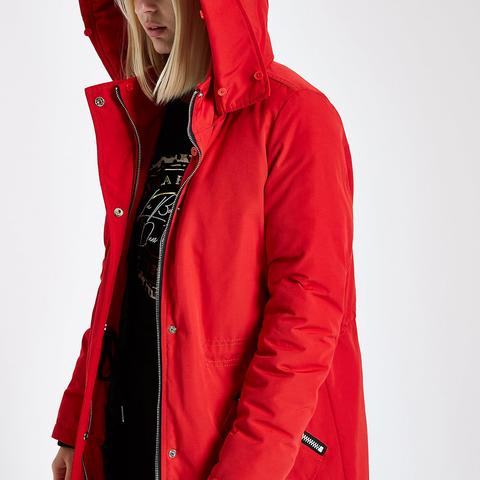 bright red faux fur trim parka coat