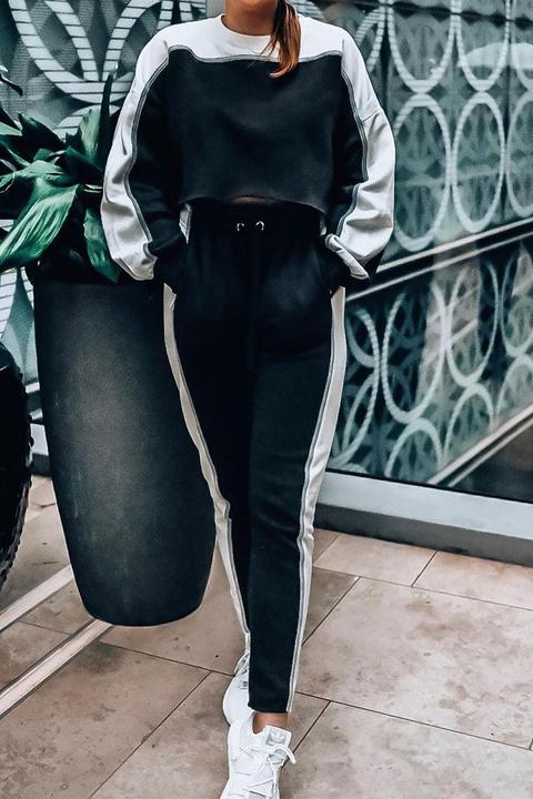 Black Colour Block Oversized Cropped Sweatshirt