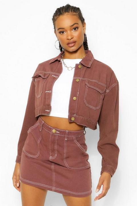 Womens Chocolate Contrast Stitch Denim Jacket - Brown - 12, Brown