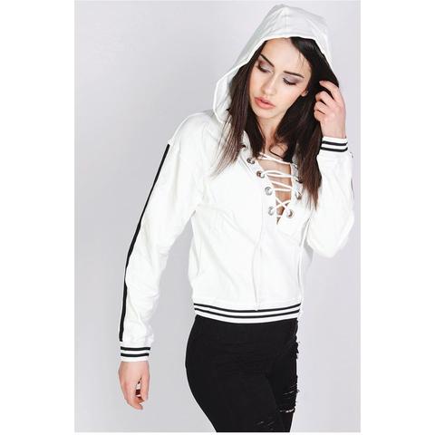 Tess - Lace Up Front White Hoodie