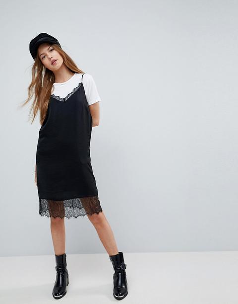 Asos - Vestitino Sottoveste Con Inserto In Pizzo - Nero