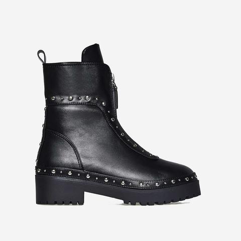 Duke Zip And Studded Detail Biker Boot In Black Faux Leather, Black