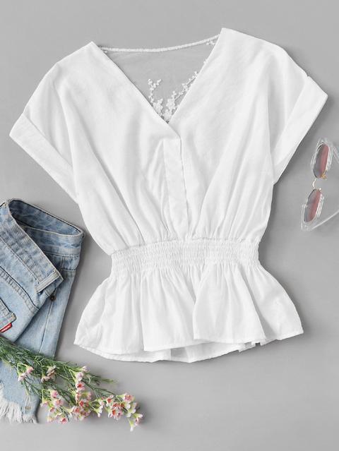 Lace Panel Back Ruffle Hem Top