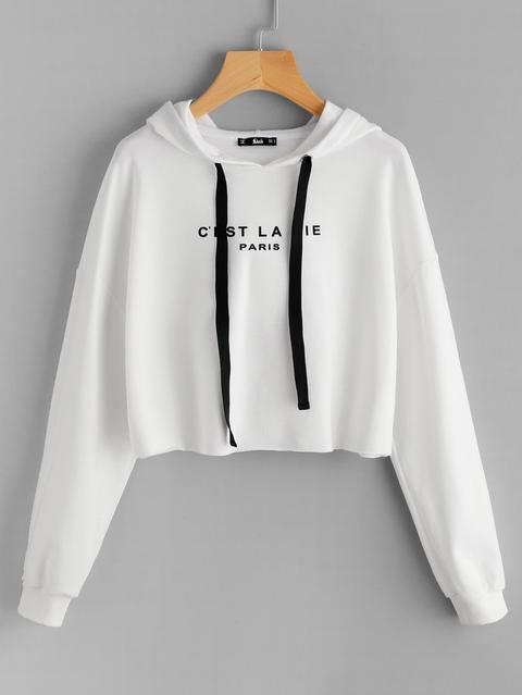 Drop Shoulder Raw Hem Crop Hoodie