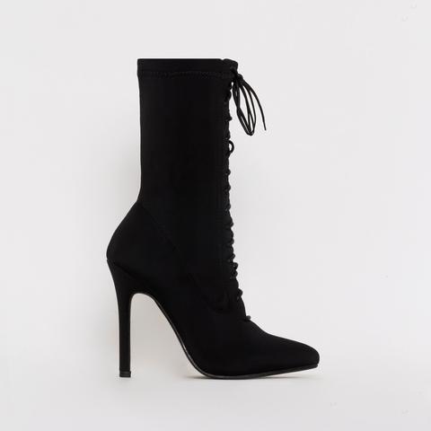 Celia Black Lycra Lace Up Pointed Ankle Boots