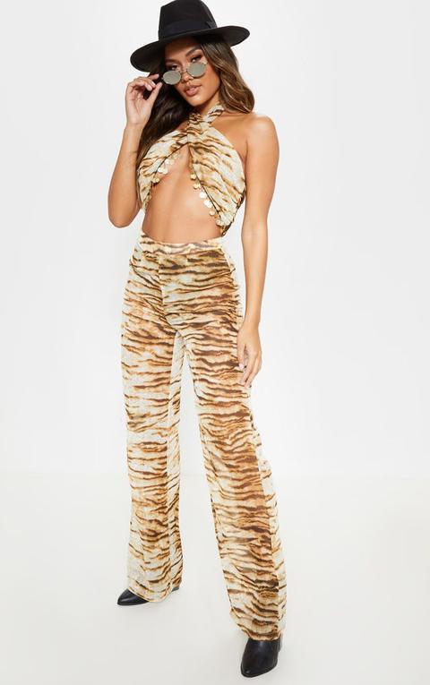 Tan Chiffon Tiger Print High Waisted Wide Leg Trouser