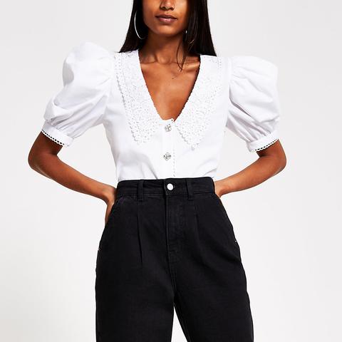 White Lace Collar Embellished Button Shirt
