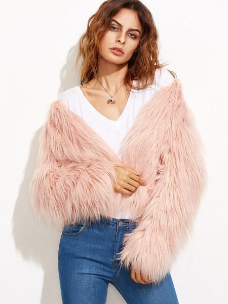 Mantel Kragenlos Faux Pelz -rosa