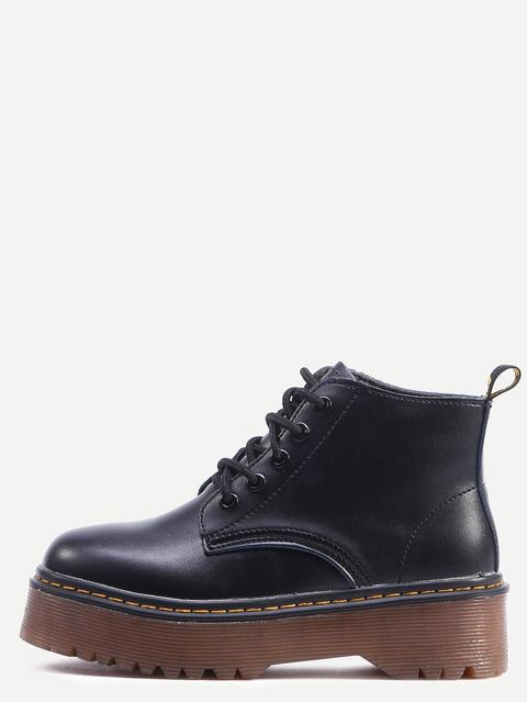 Botines Con Cordones Pu Plataforma - Negro