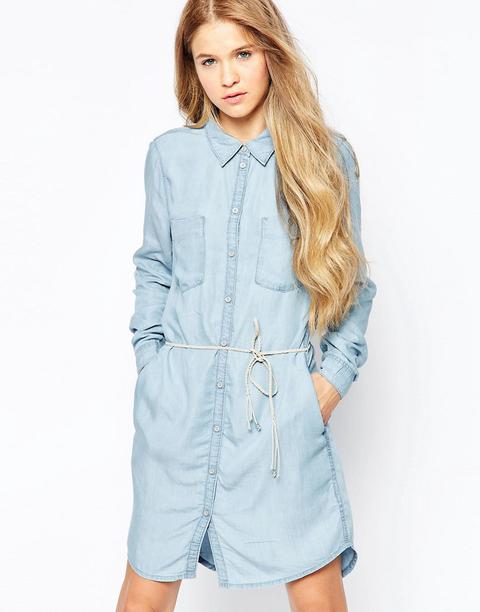 Only - Vestito Di Jeans Con Cintura - Blu