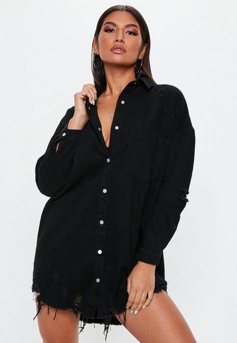 Black Distressed Hem Denim Shirt Dress, Black