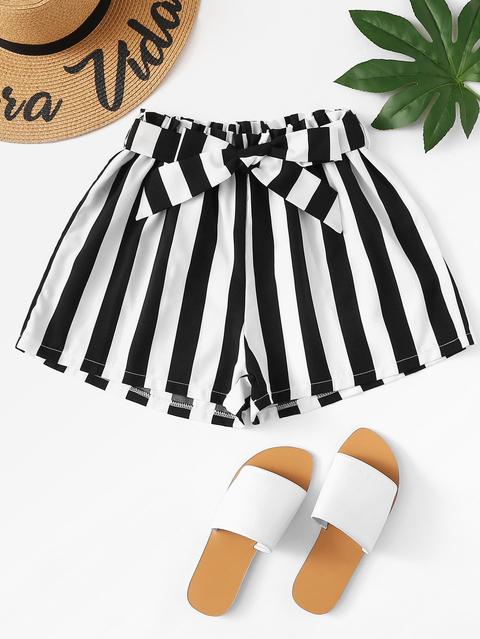 Belted Detail Striped Shorts