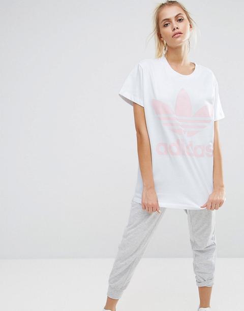 Adidas Originals - T-shirt Bianca E Rosa Con Grande Trifoglio - Bianco