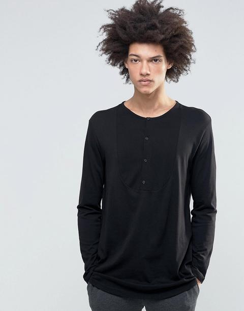 Camiseta Con Parte Delantera De Piqué En Negro De Manga Larga Con Cuello Henley De Weekday