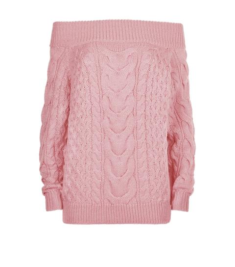 Pink Cable Knit Bardot Neck Jumper