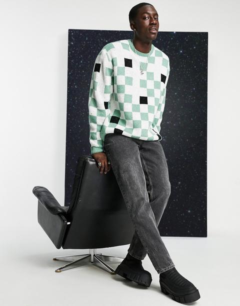 Asos Design Ovesized Checkerboard Jumper In Mint Green