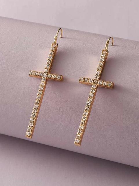 Pendientes Largos Con Cruz Grabada Con Diamante De Imitación 1 Par