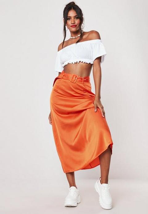 Orange Satin Belted Midi Skirt, Orange