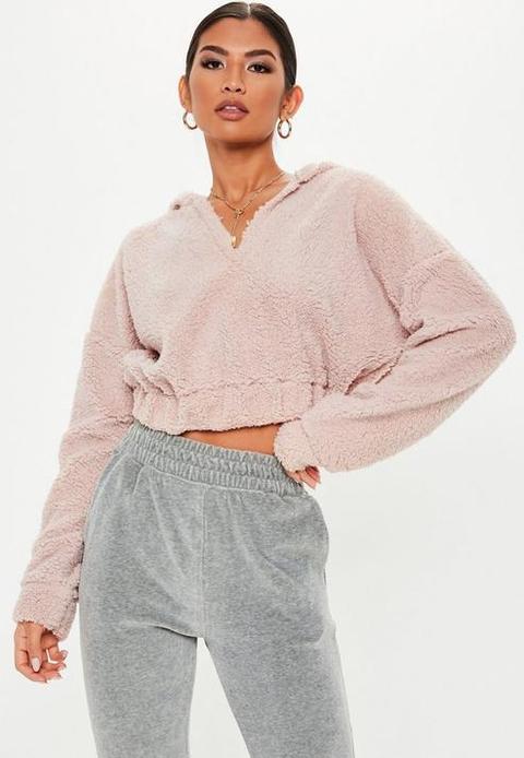 Pink Teddy V Front Hoodie, Rose