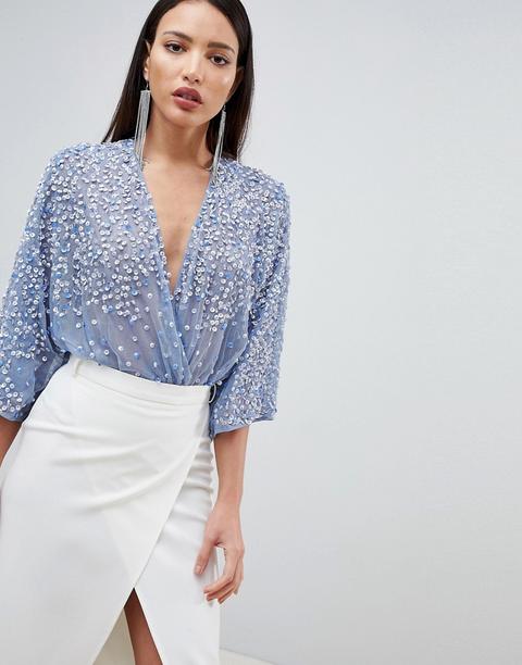 Body Adornado En Lentejuelas Con Escote Pronunciado Cruzado Y Mangas De Kimono De Asos Design