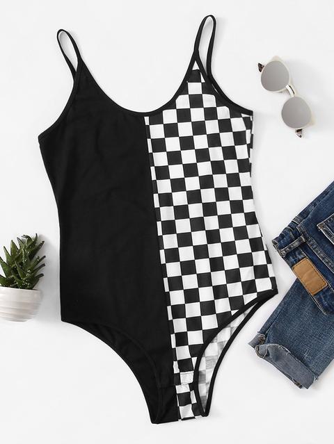 Gingham Panel Cami Bodysuit