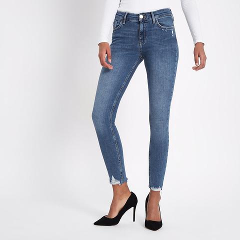 Mid Blue Amelie Ripped Hem Super Skinny Jeans