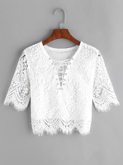 Eyelet Lace Up Front Scalloped Hem Lace Blouse