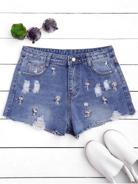 Puppy Bordado Destruido Denim Shorts