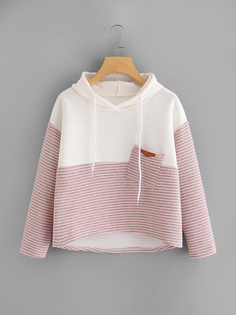 Contrast Striped High Low Drawstring Hooded Pocket Sweatshirt