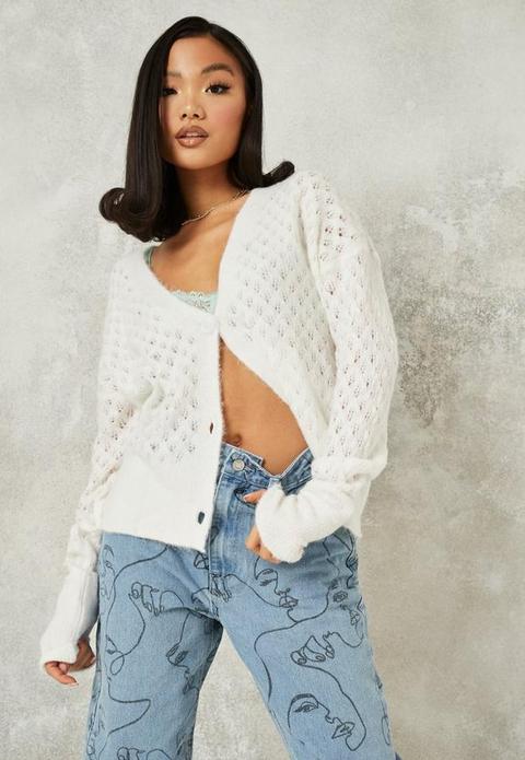 White Fluffy Knit Pointelle Cardigan, White