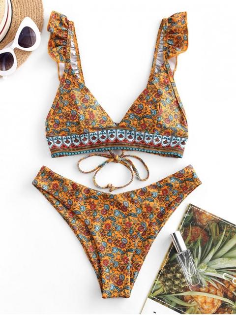 Zaful Bikini Floral De Corte Alto Con Volantes Multi-a