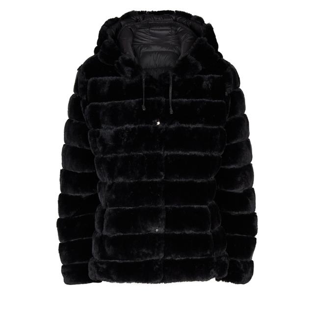 Blue Vanilla Black Reversible Faux Fur, Blue Vanilla Black Faux Fur Hooded Puffer Coat With Hood