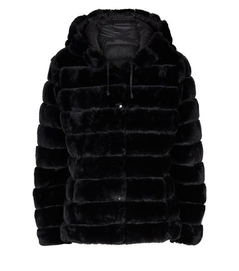 Blue Vanilla Black Reversible Faux Fur, Blue Vanilla Black Faux Fur Hooded Puffer Coat