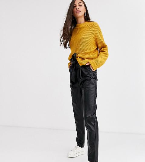 New Look Tall Tie Waist Leather Look Trousers In Black